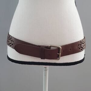 Women's Brown Leather Hollow Out Floral Belt M